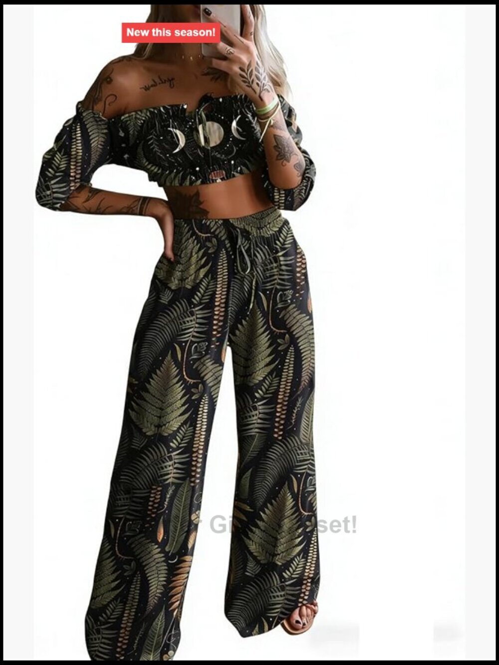 Gothic Bat 2 Piece Set Off Shoulder Crop Top & Wide Leg Pants Halloween Outfit